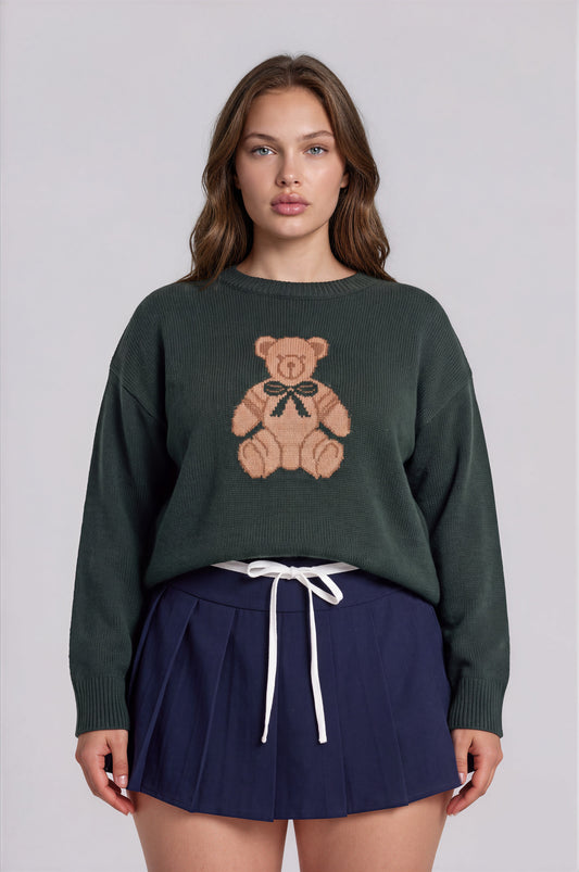 teddy jacquard crew neck pullover sweater-curvy