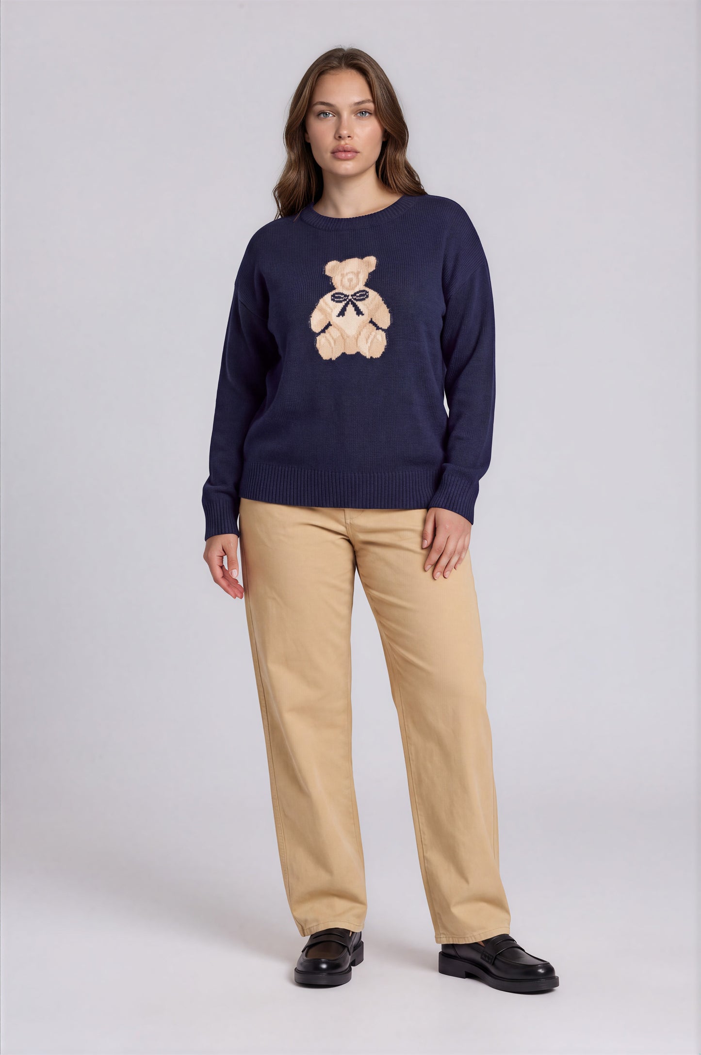 teddy jacquard crew neck pullover sweater-curvy