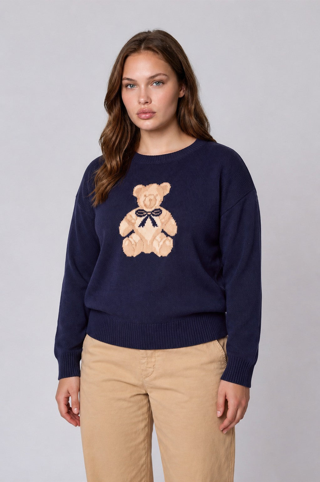 teddy jacquard crew neck pullover sweater-curvy