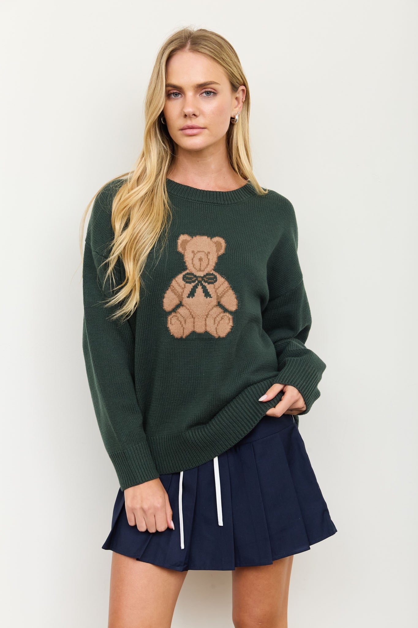 teddy jacquard crew neck pullover sweater