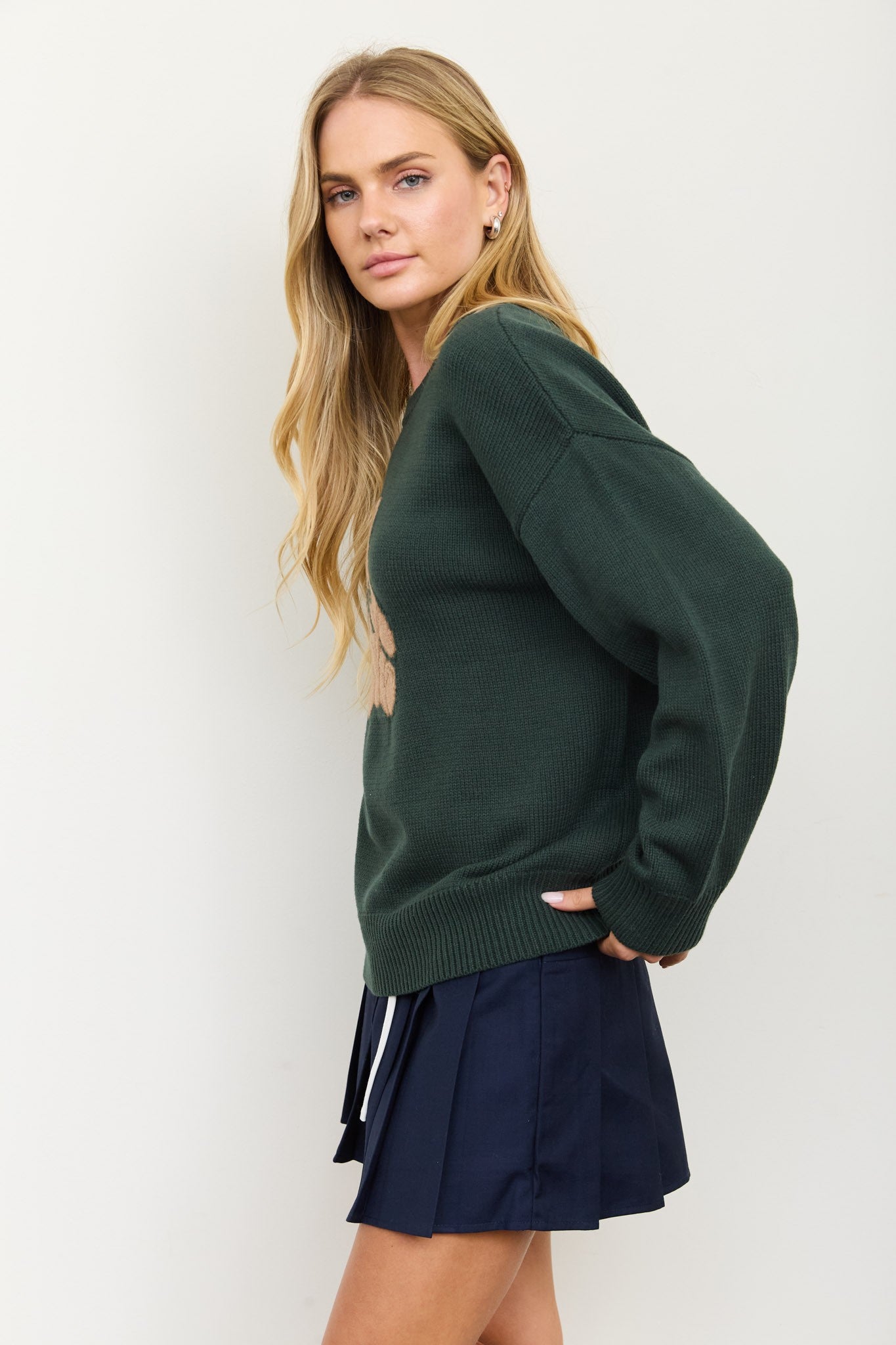 teddy jacquard crew neck pullover sweater