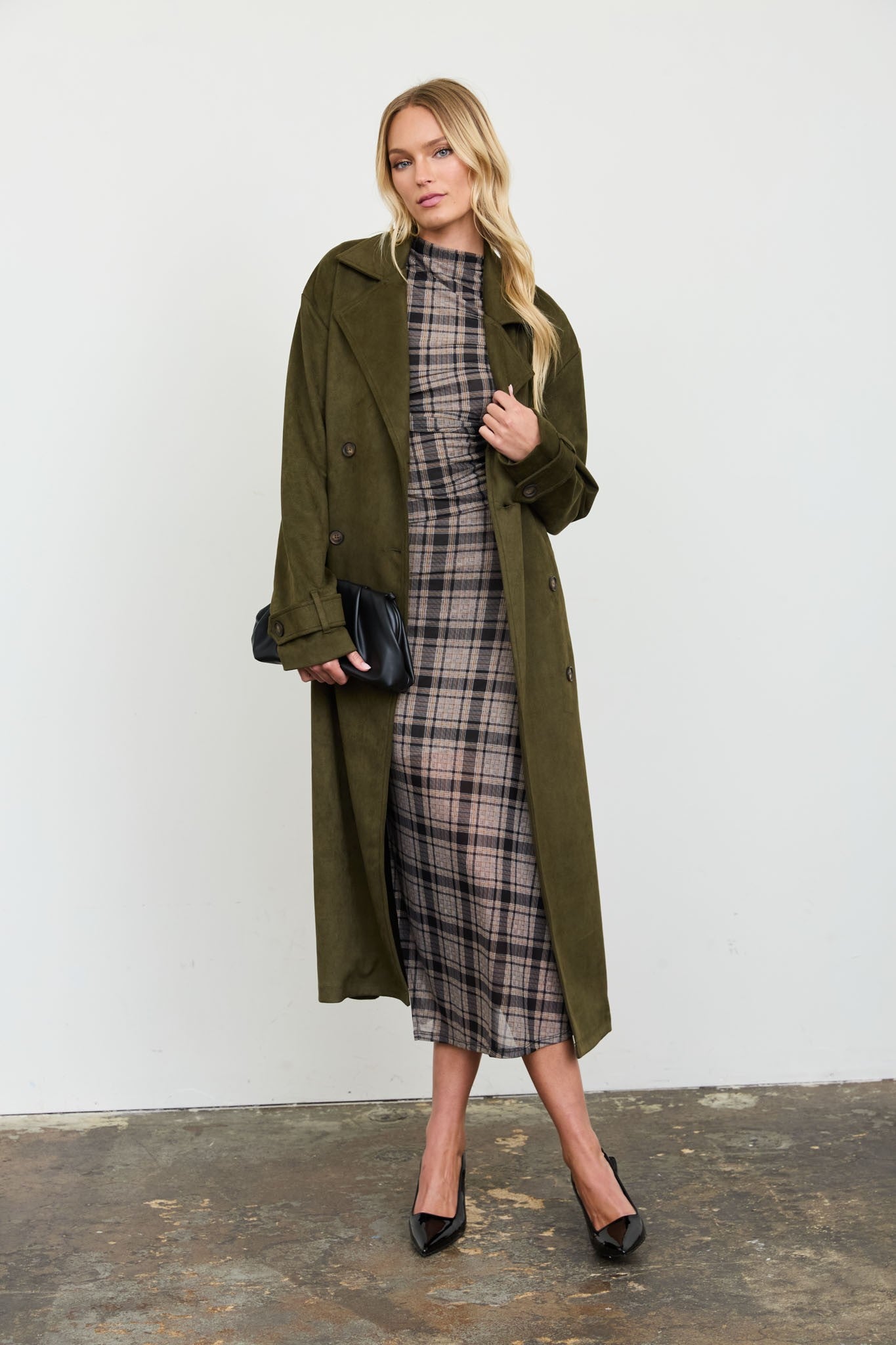 noble notch collar maxi suede trench coat