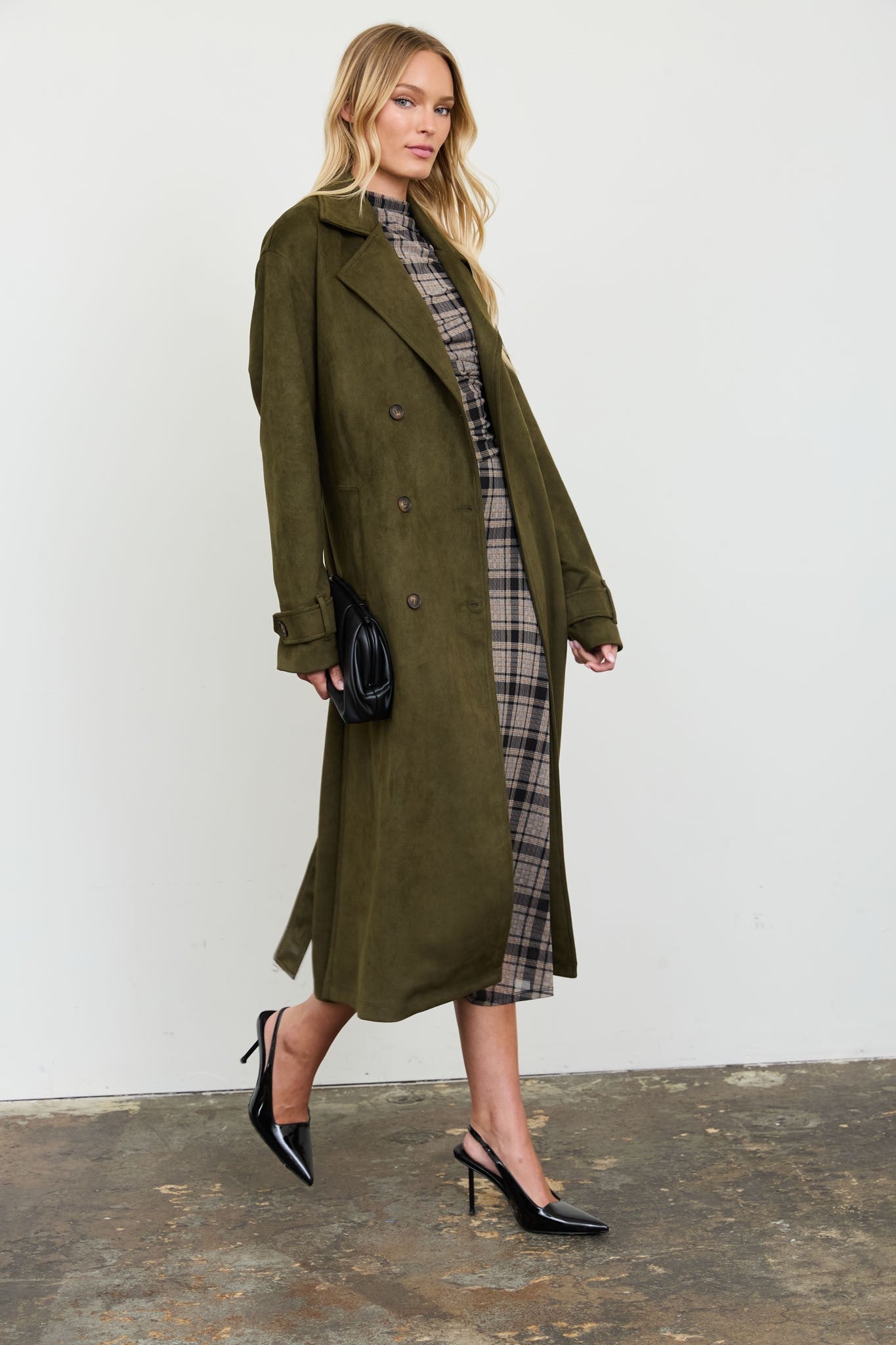 noble notch collar maxi suede trench coat