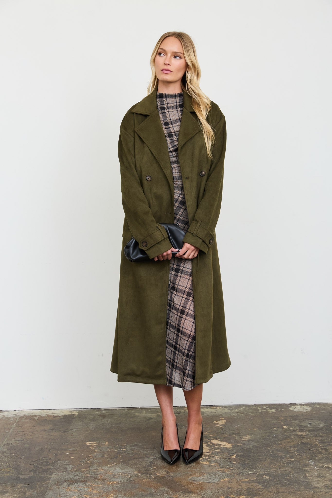 noble notch collar maxi suede trench coat