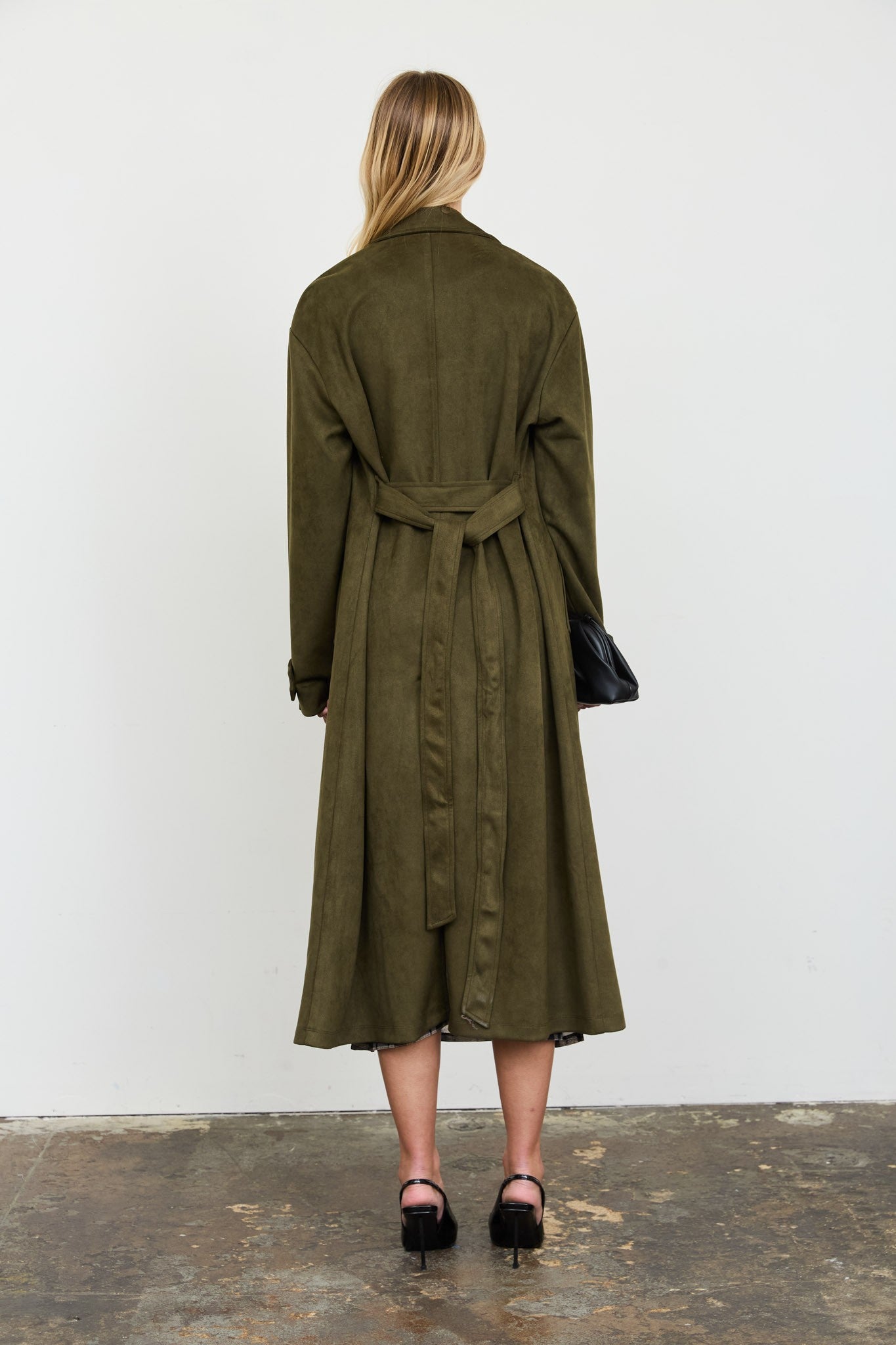 noble notch collar maxi suede trench coat
