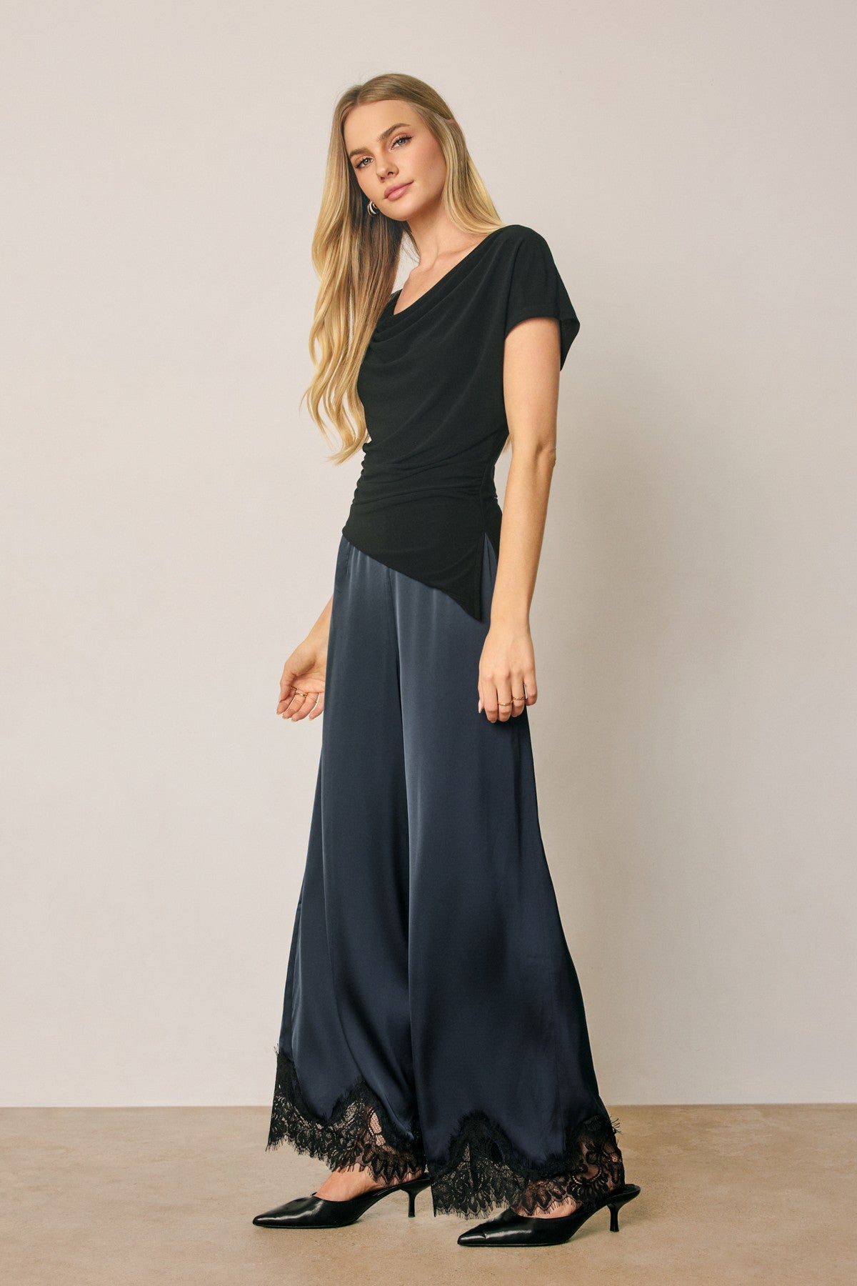 satin lace hem straight leg pants