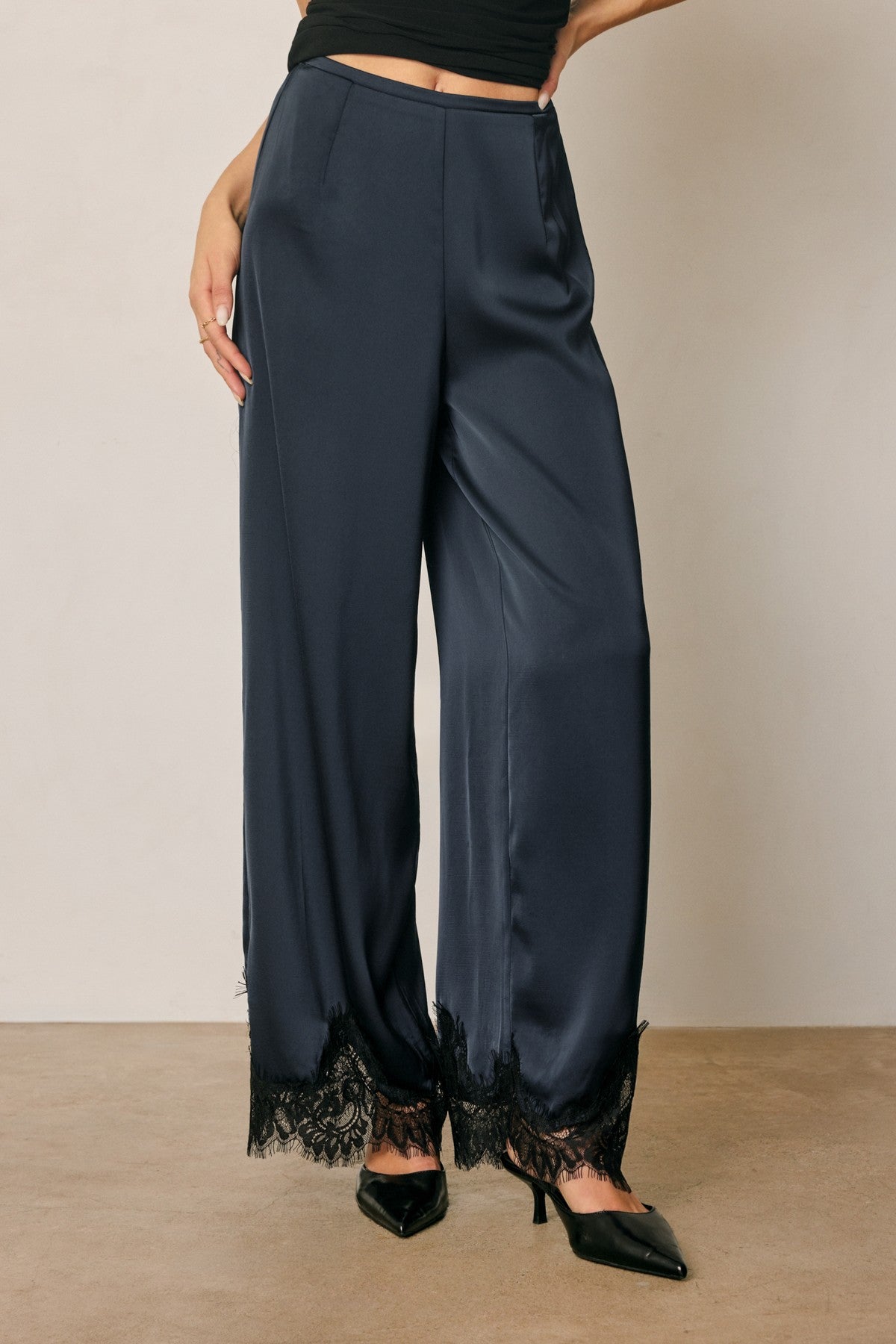 satin lace hem straight leg pants