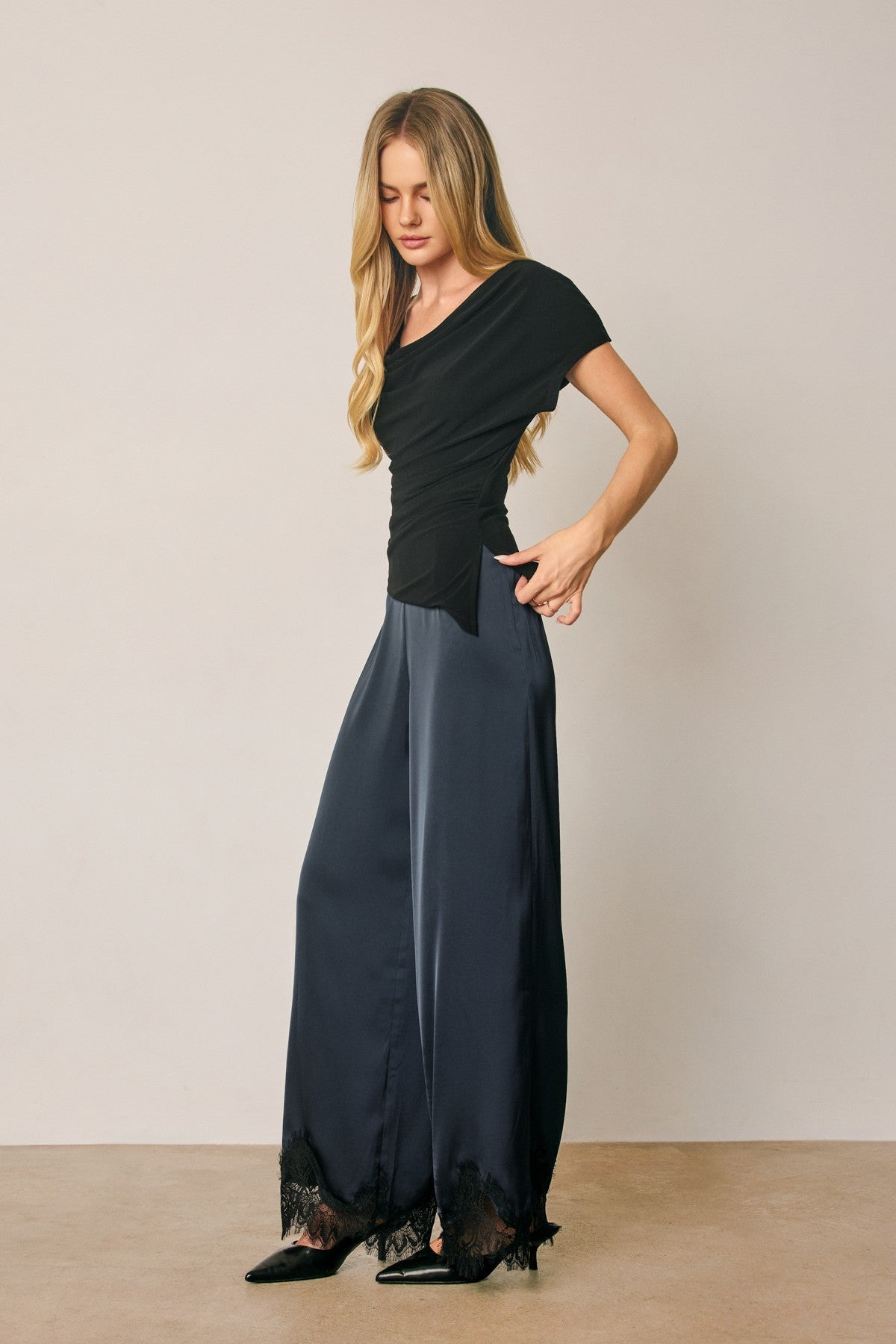satin lace hem straight leg pants