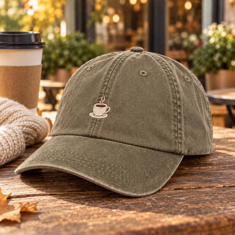 Coffee Cup Embroidered Hat - Olive