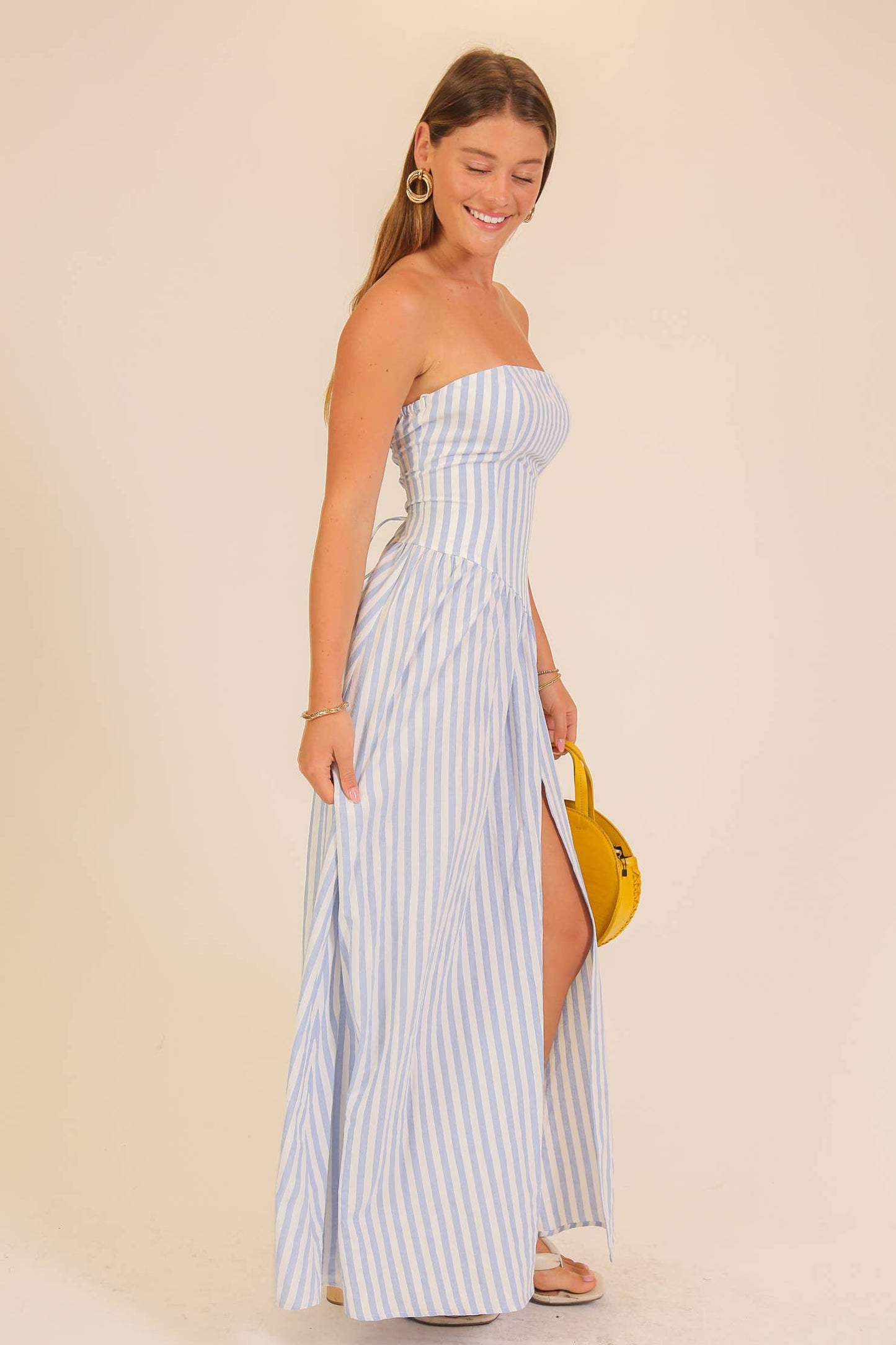 Seaside Striped Strapless Side Slit Maxi Dress