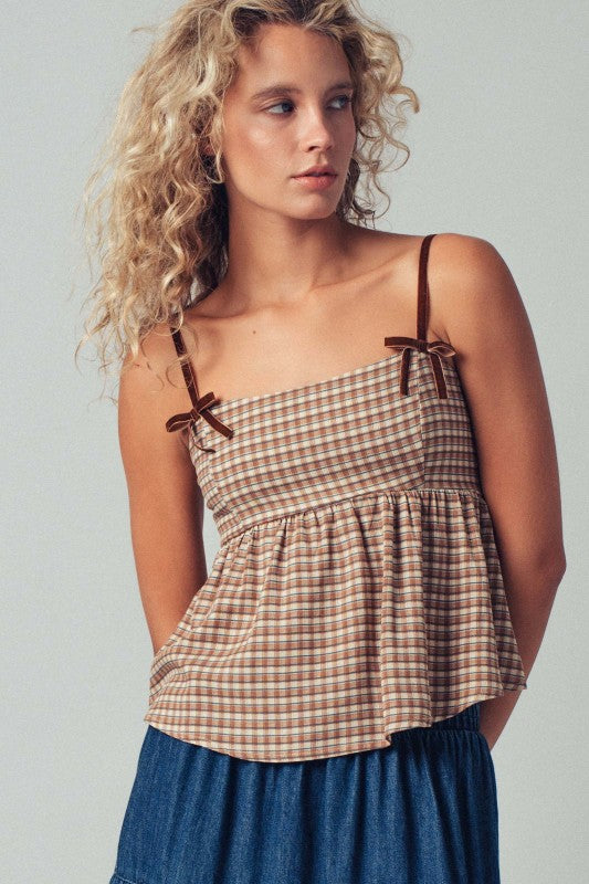 Gingham Peplum Top With Velvet Straps