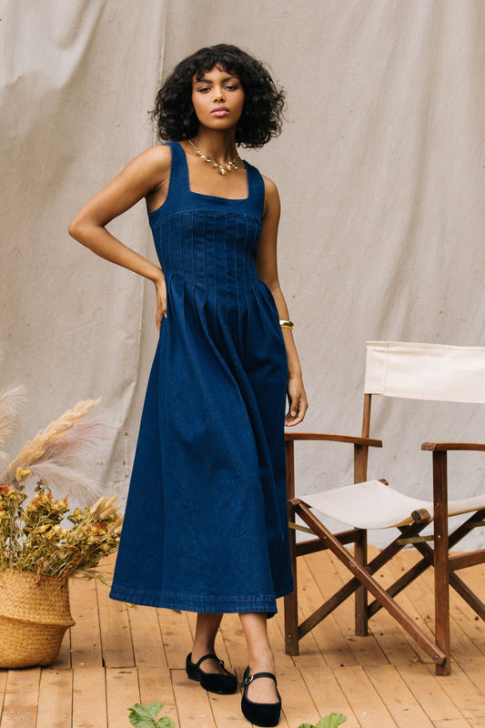 denim pleated maxi dress