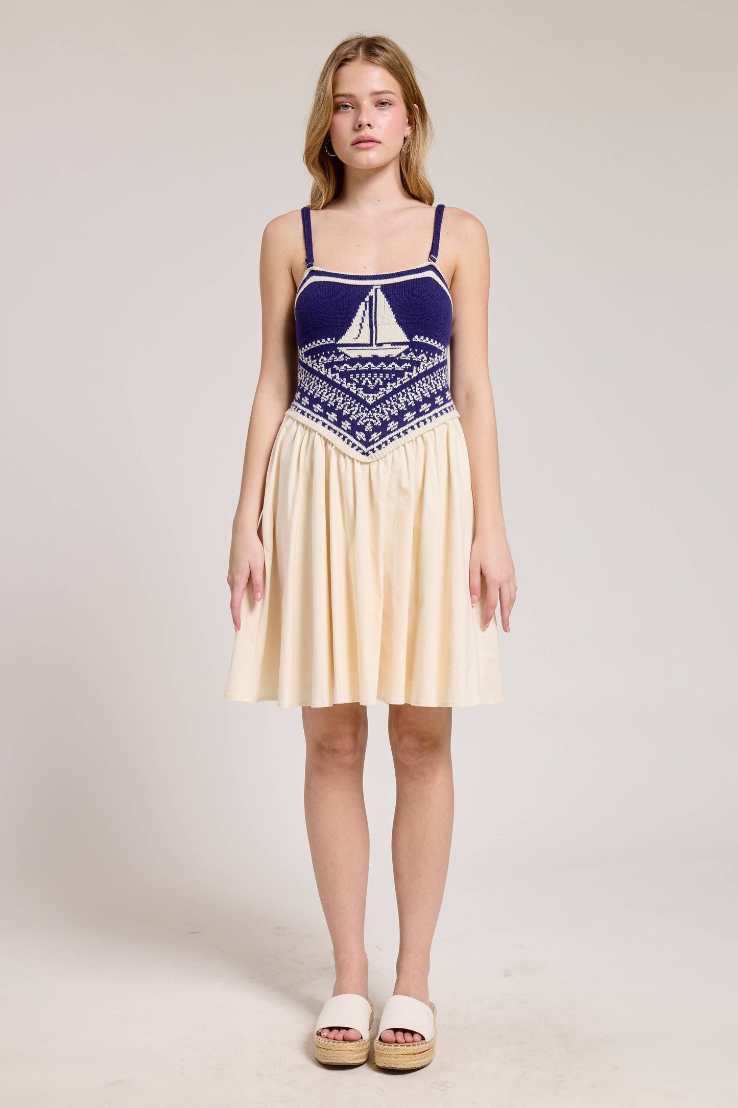 Sailboat Knit Bodice Contrast Midi Dress