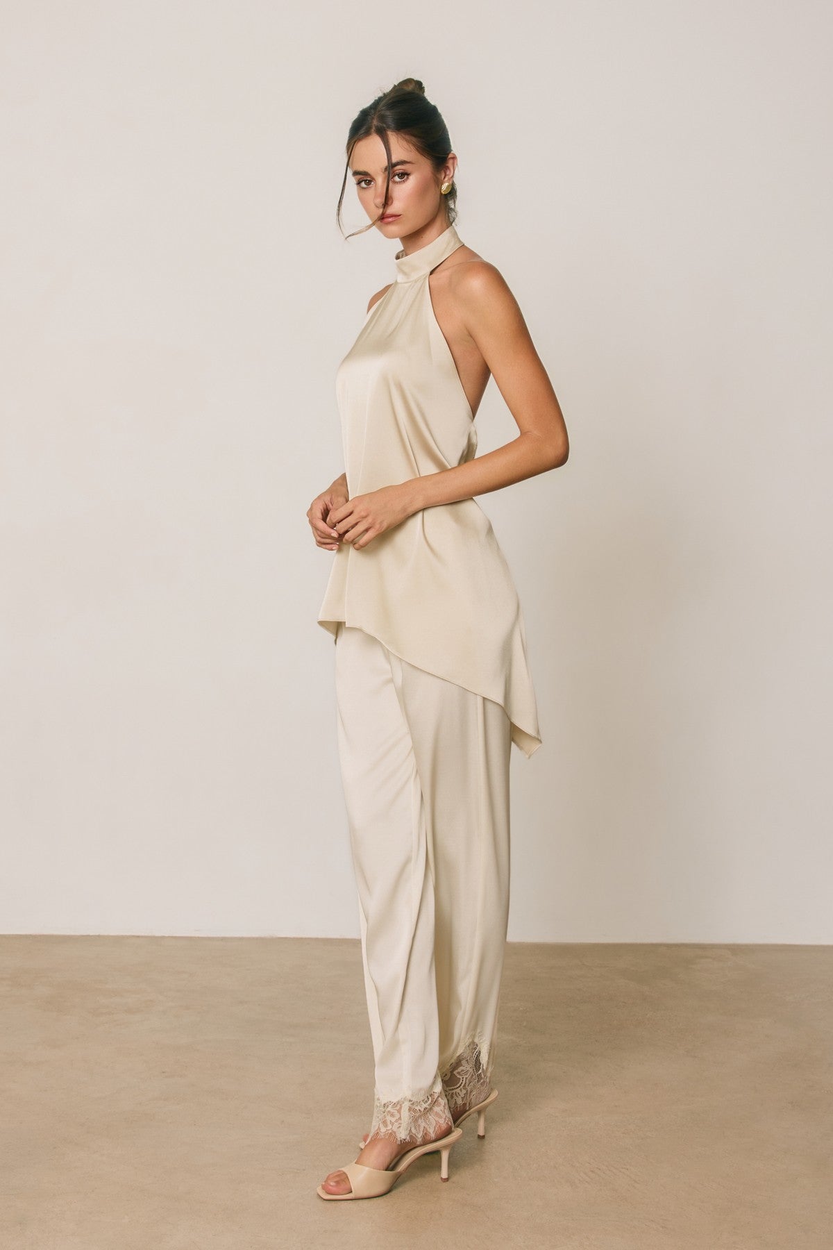 satin lace hem straight leg pants