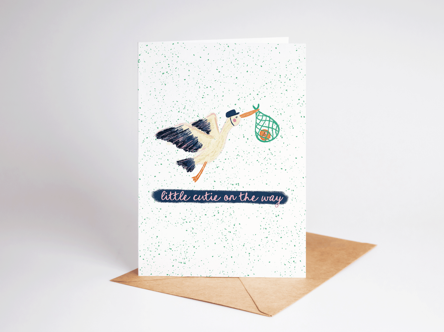 Little Cutie On the Way Stork Orange New Baby Greeting Card