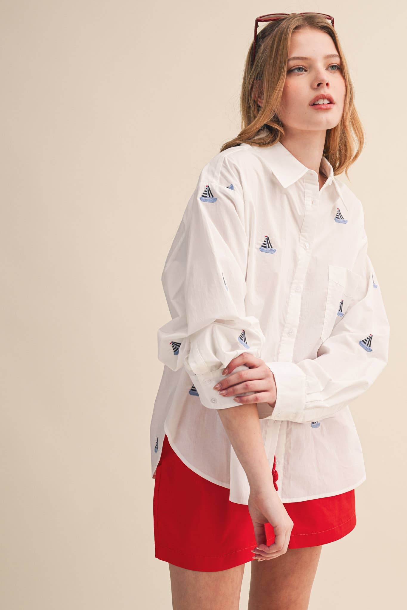 Sailboat Embroidered Button Down Shirt