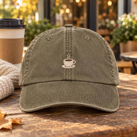 Coffee Cup Embroidered Hat - Olive