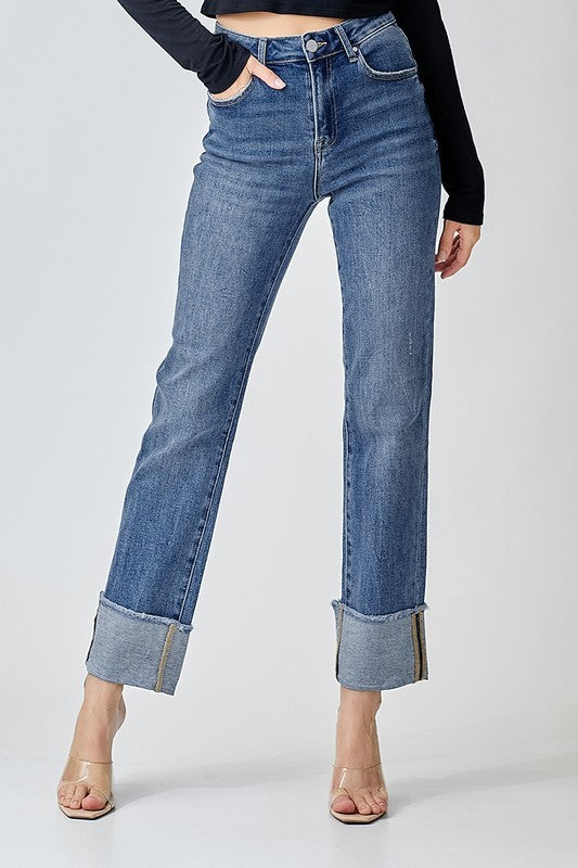 high rise straight cuffed relaxed jeans