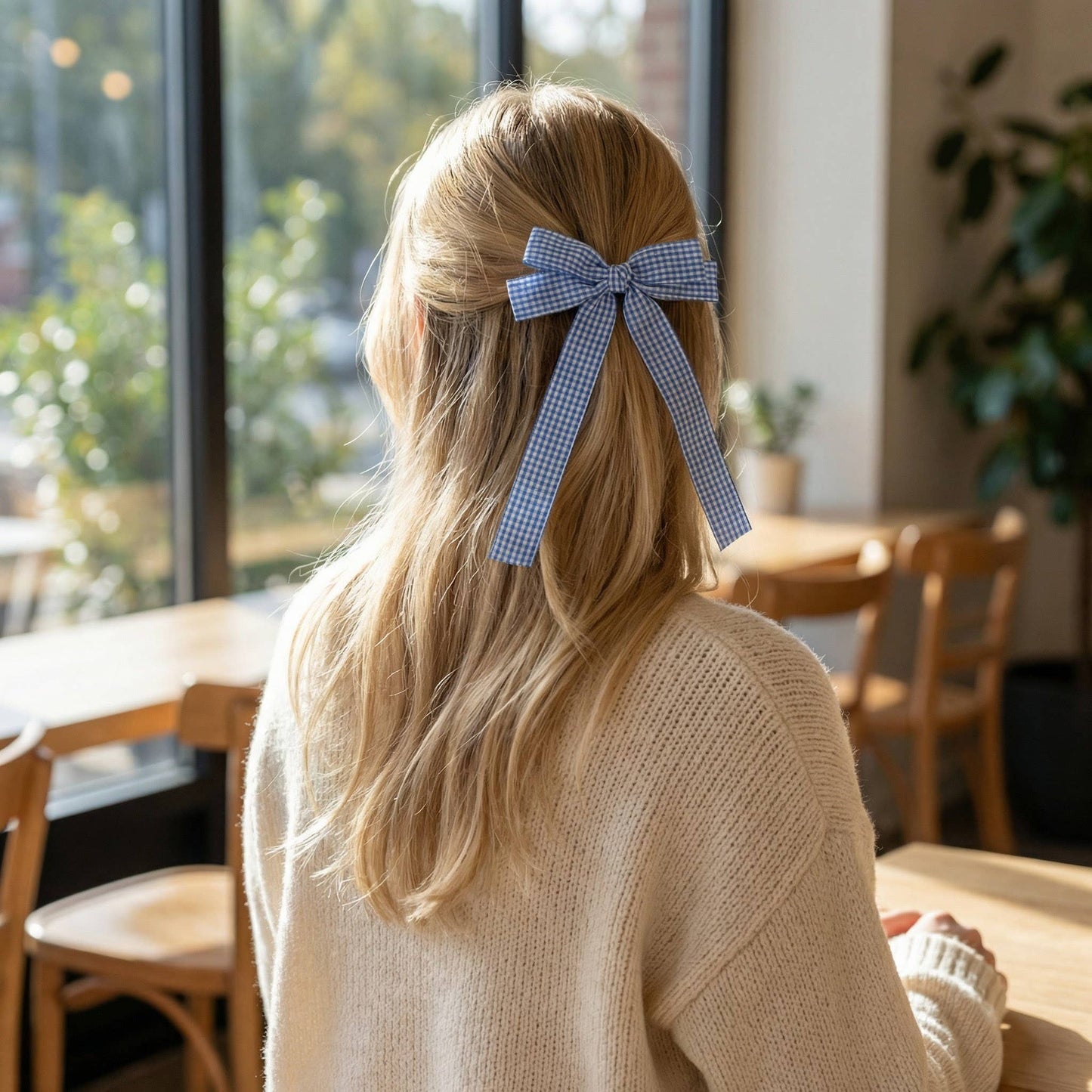 Double Take Hair Bow–Gingham Blue