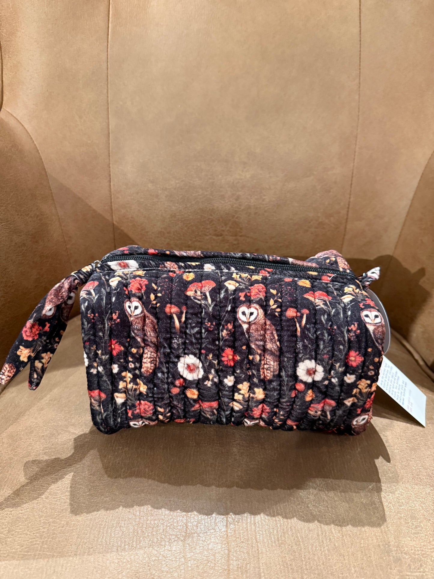 Owl/floral printed velvet pouch