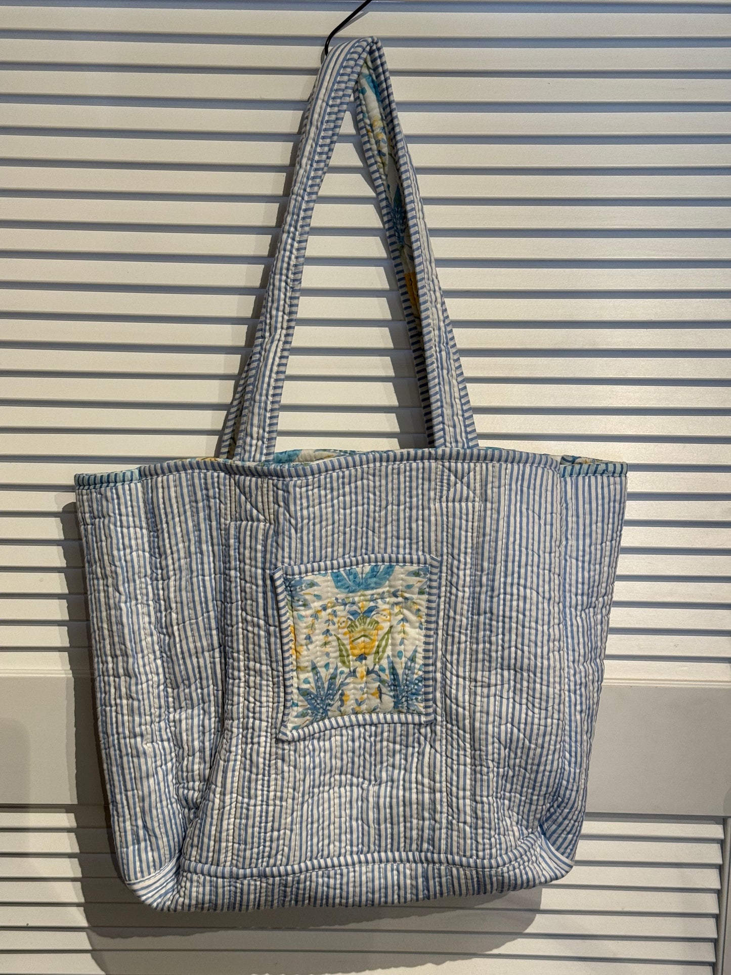 Blue/yellow floral printed reversible tote