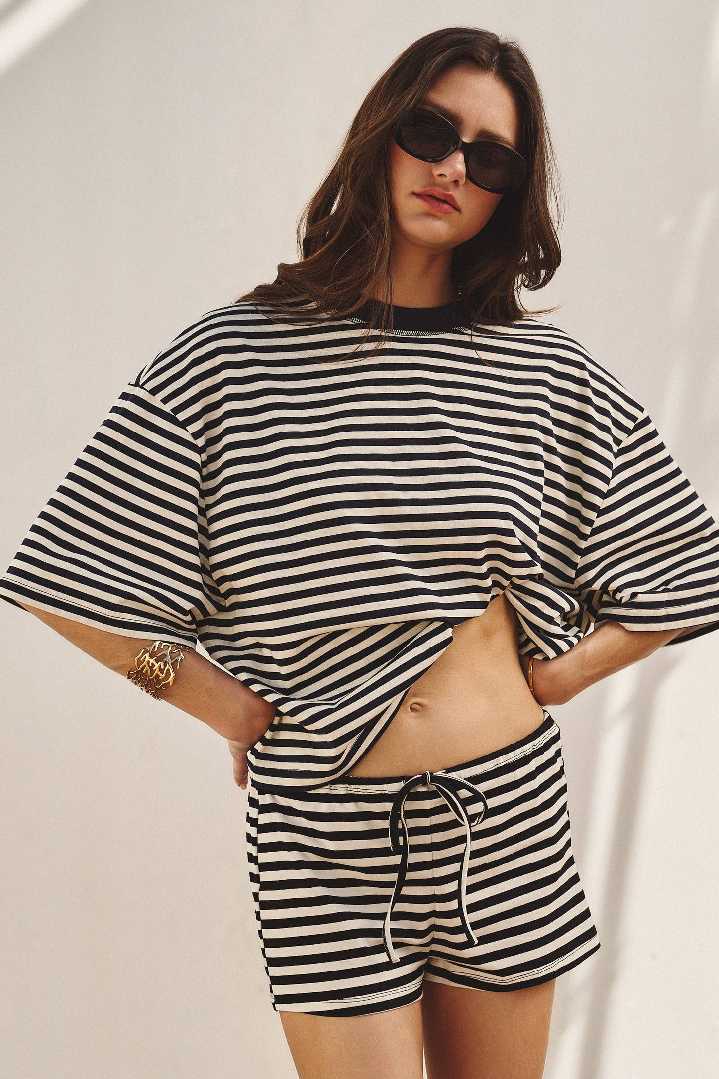 Oversized Striped Contrast Neck Boxy Tee