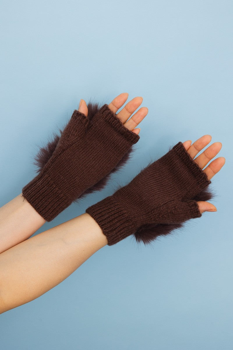 faux fur trim fingerless knit mittens