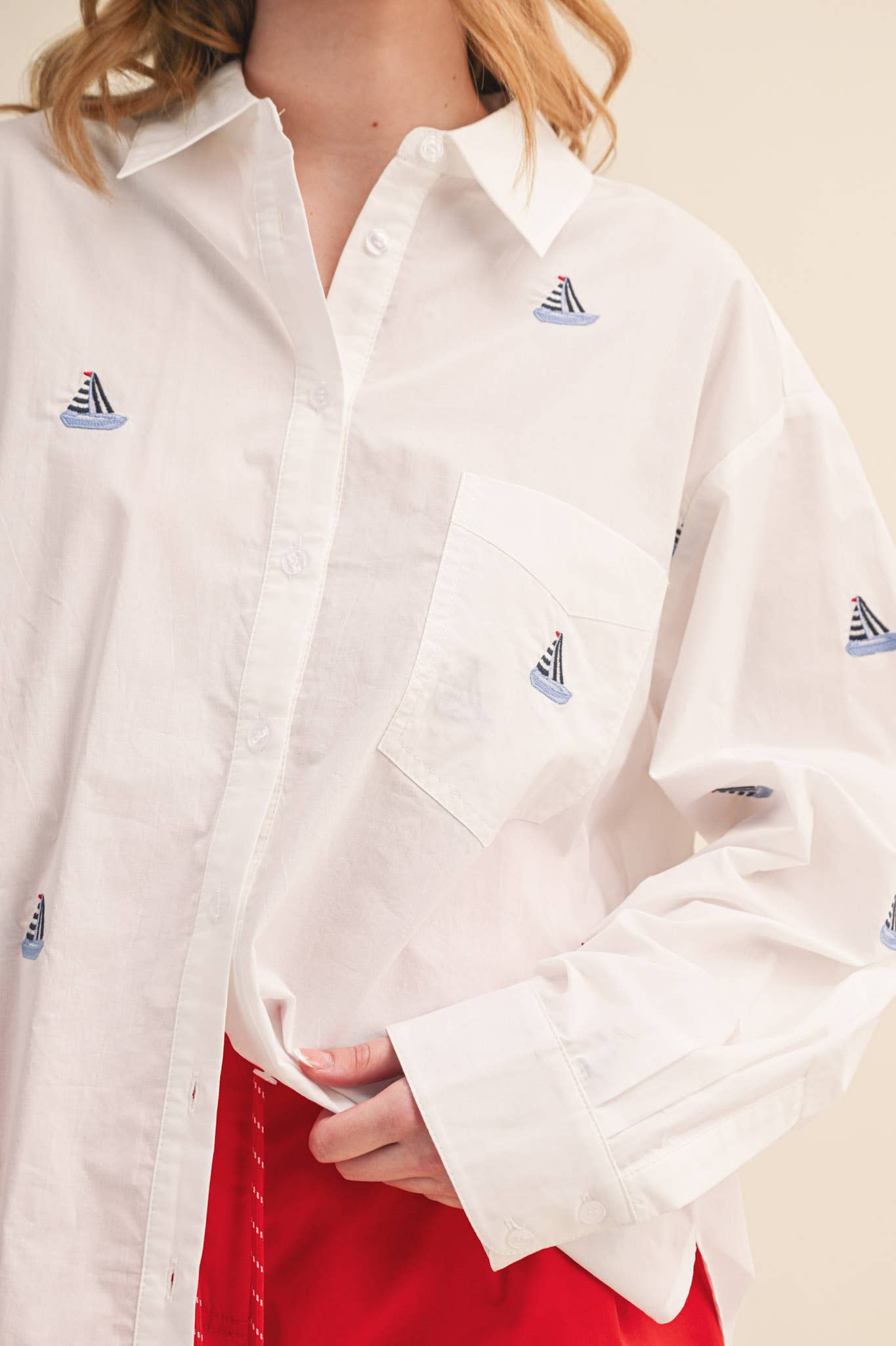 Sailboat Embroidered Button Down Shirt
