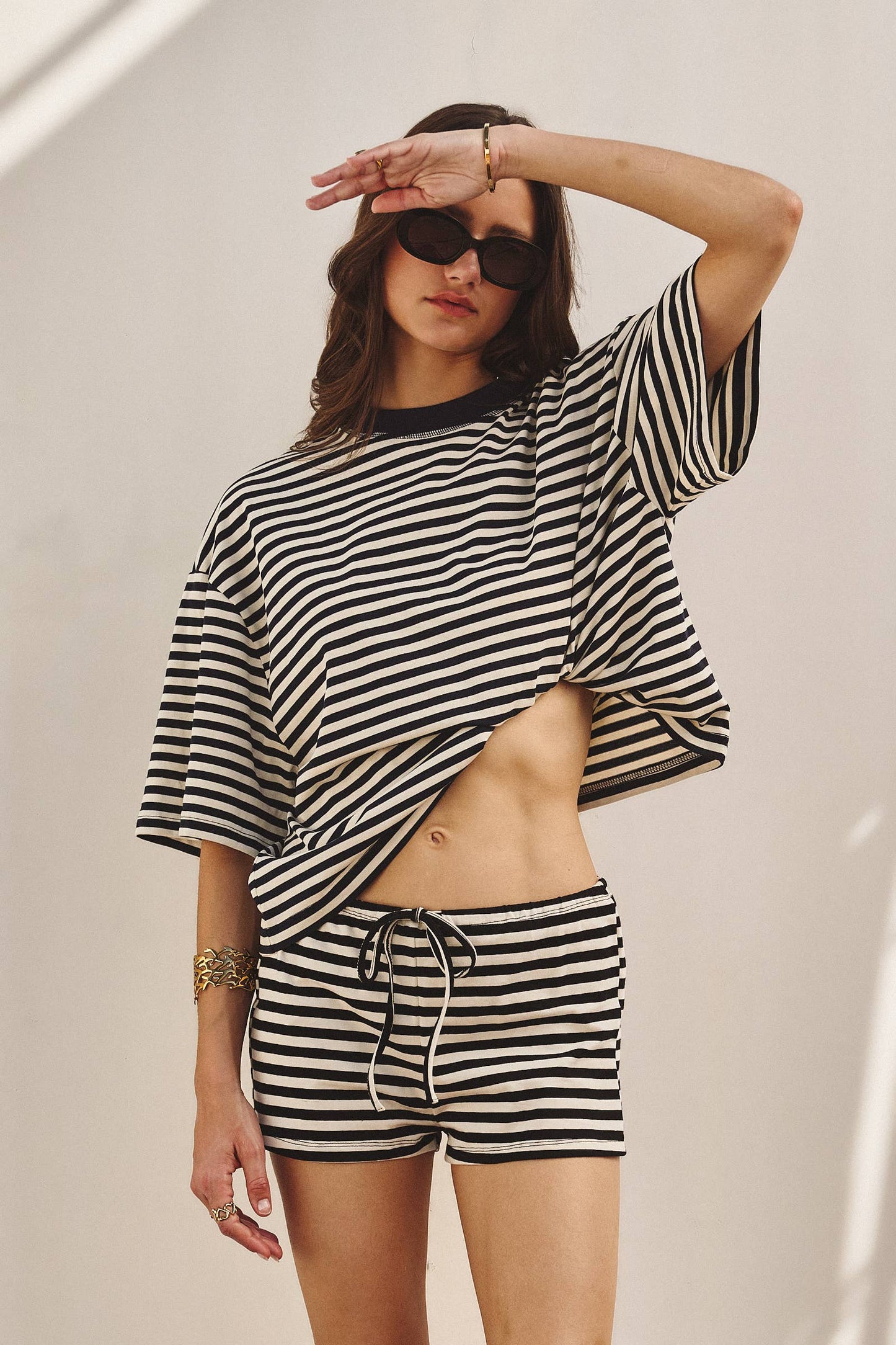 Oversized Striped Contrast Neck Boxy Tee