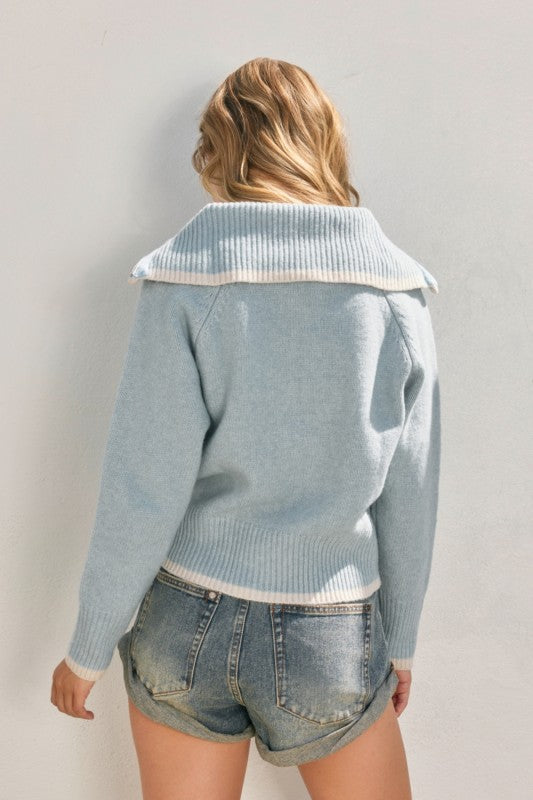 Sailor Collar Contrast Zip Up Cardigan