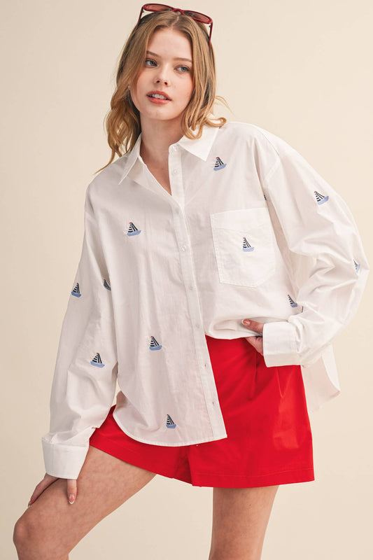 Sailboat Embroidered Button Down Shirt