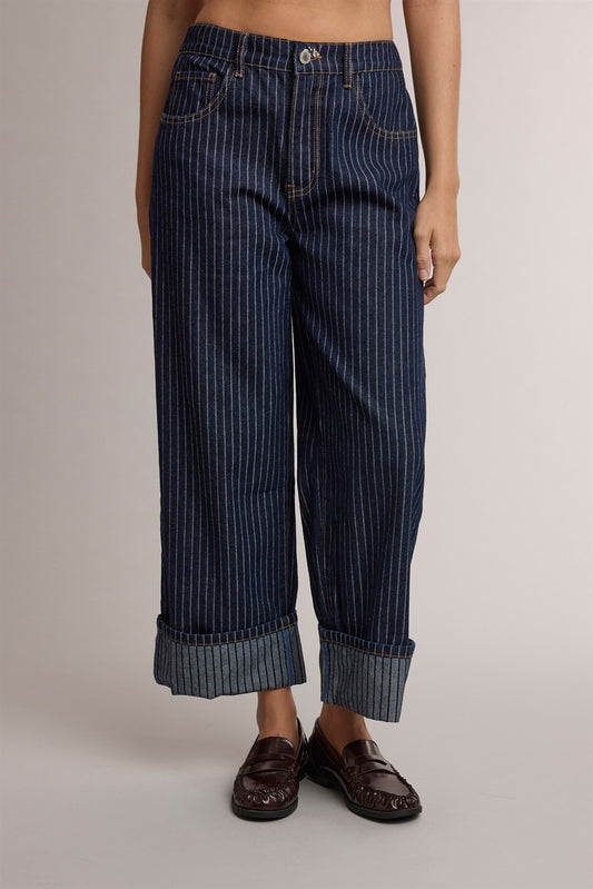 posie pinstripe wide leg cuff denim