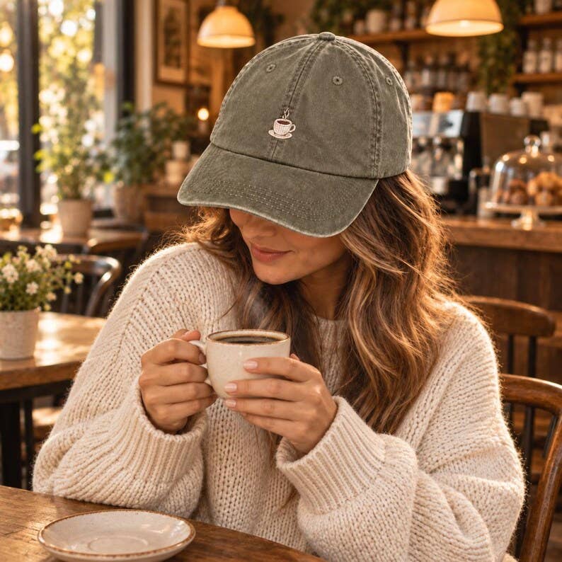 Coffee Cup Embroidered Hat - Olive
