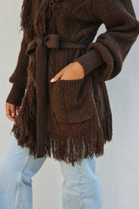 Cable Detail Fringe Long Cardigan