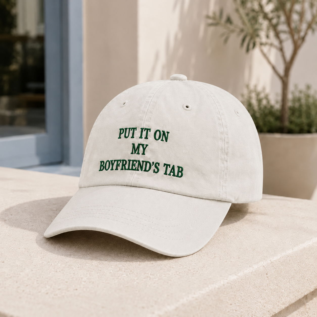 Put It on My Boyfriend’s Tab Embroidered Hat – Ivory