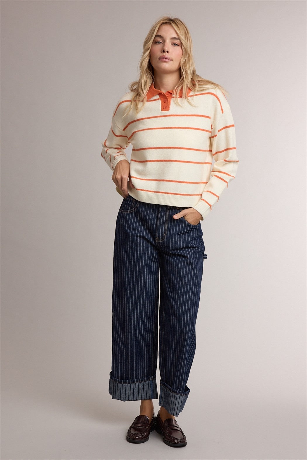 posie pinstripe wide leg cuff denim