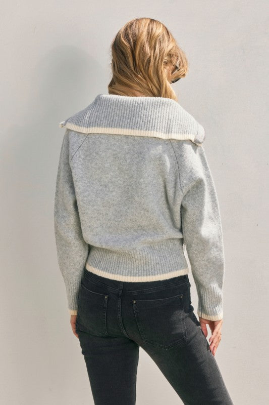 Sailor Collar Contrast Zip Up Cardigan