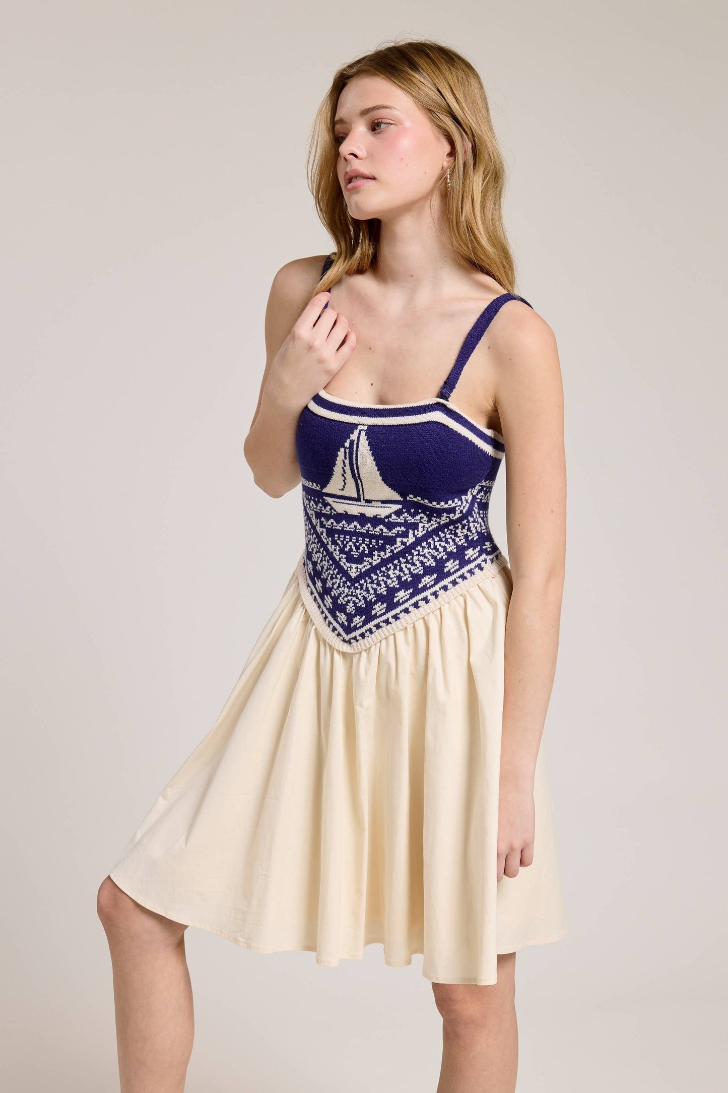 Sailboat Knit Bodice Contrast Midi Dress