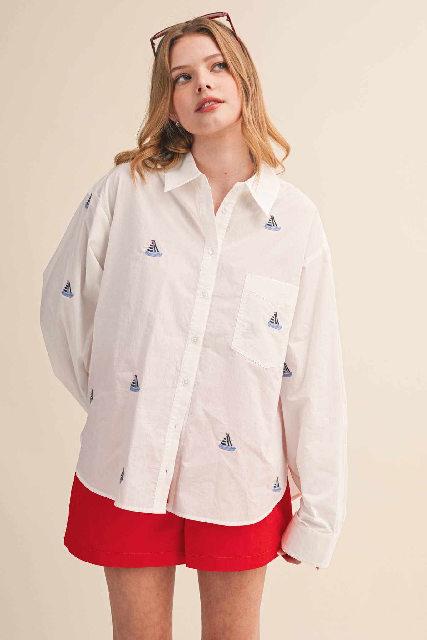 Sailboat Embroidered Button Down Shirt