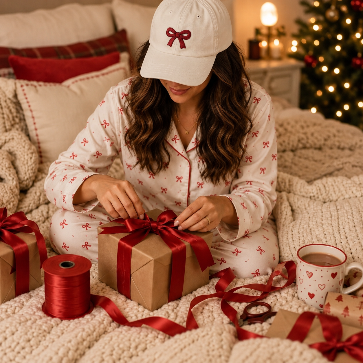 Christmas Bow Embroidered Hat