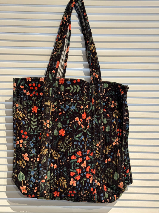 blue/green floral printed velvet tote