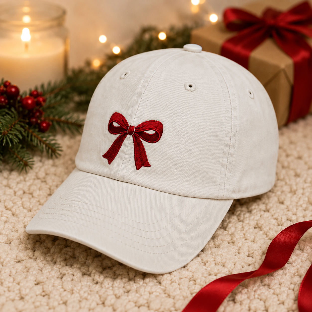Christmas Bow Embroidered Hat