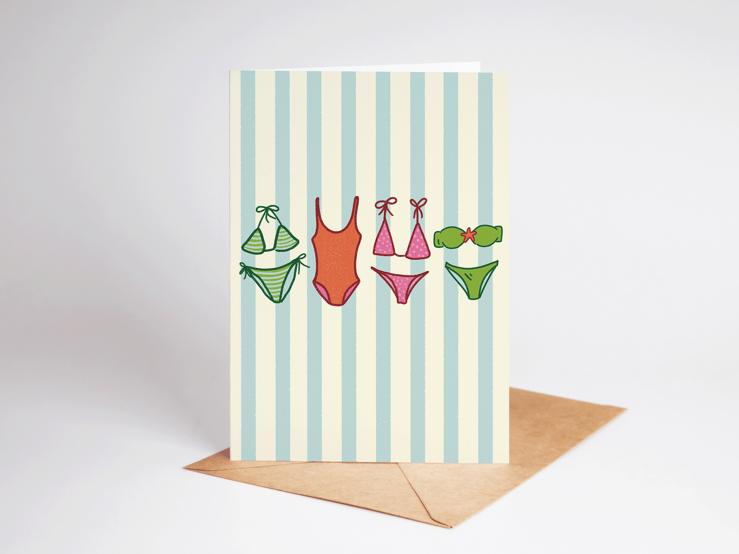 Summer Swimsuits Striped Beach Coastal Greeting Card