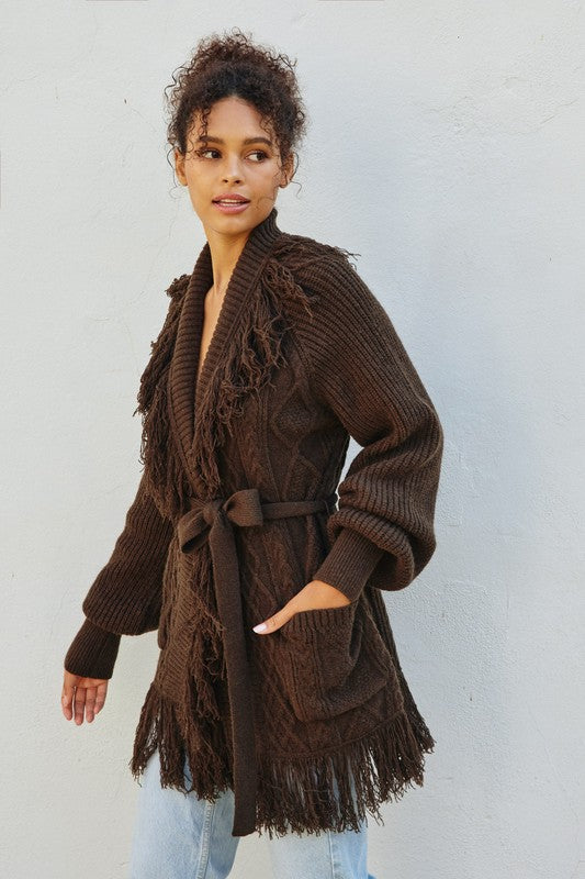 Cable Detail Fringe Long Cardigan