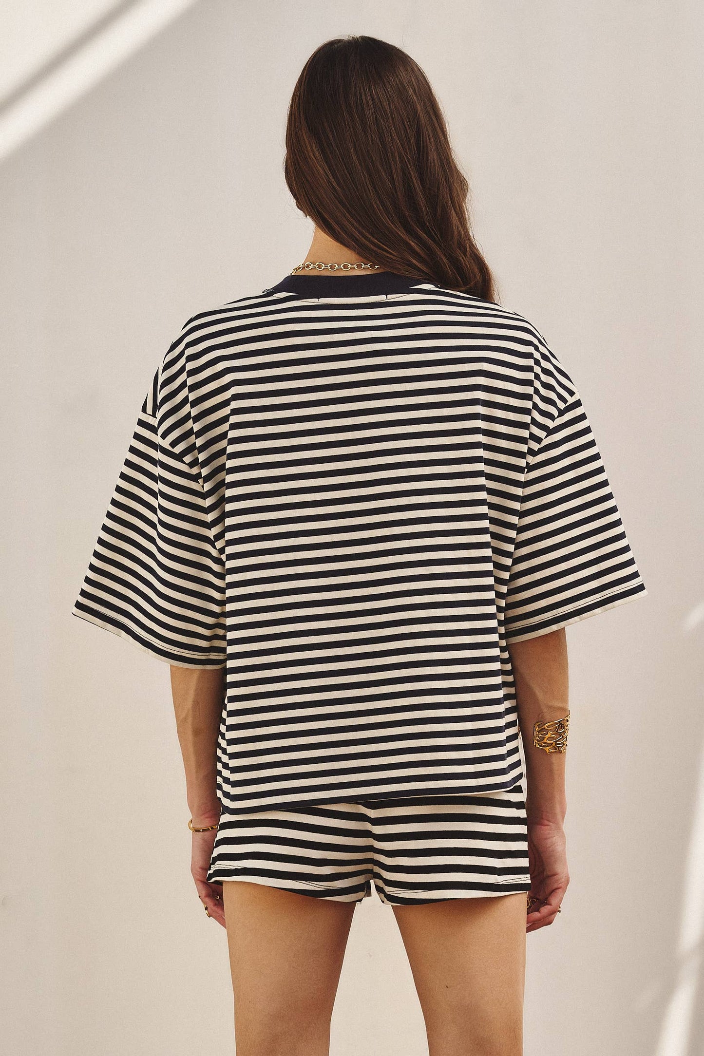 Oversized Striped Contrast Neck Boxy Tee