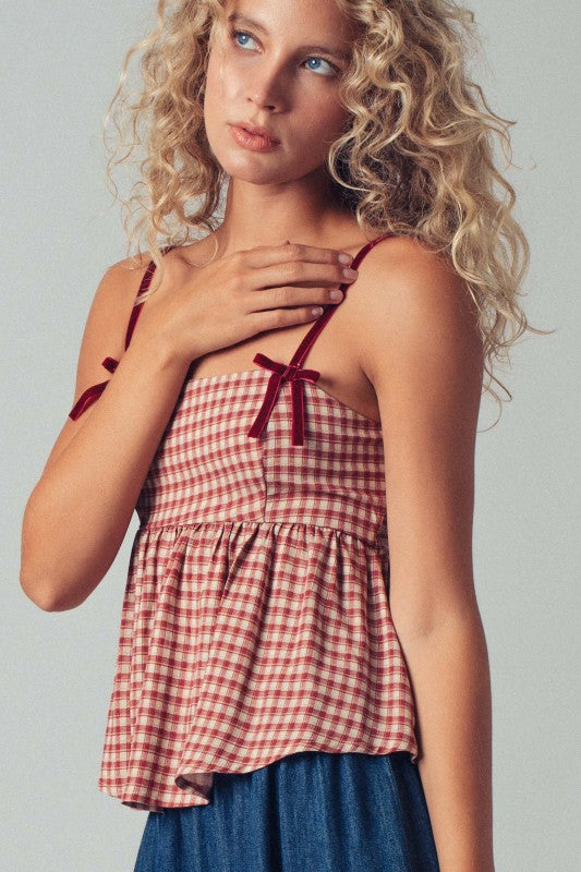 Gingham Peplum Top With Velvet Straps