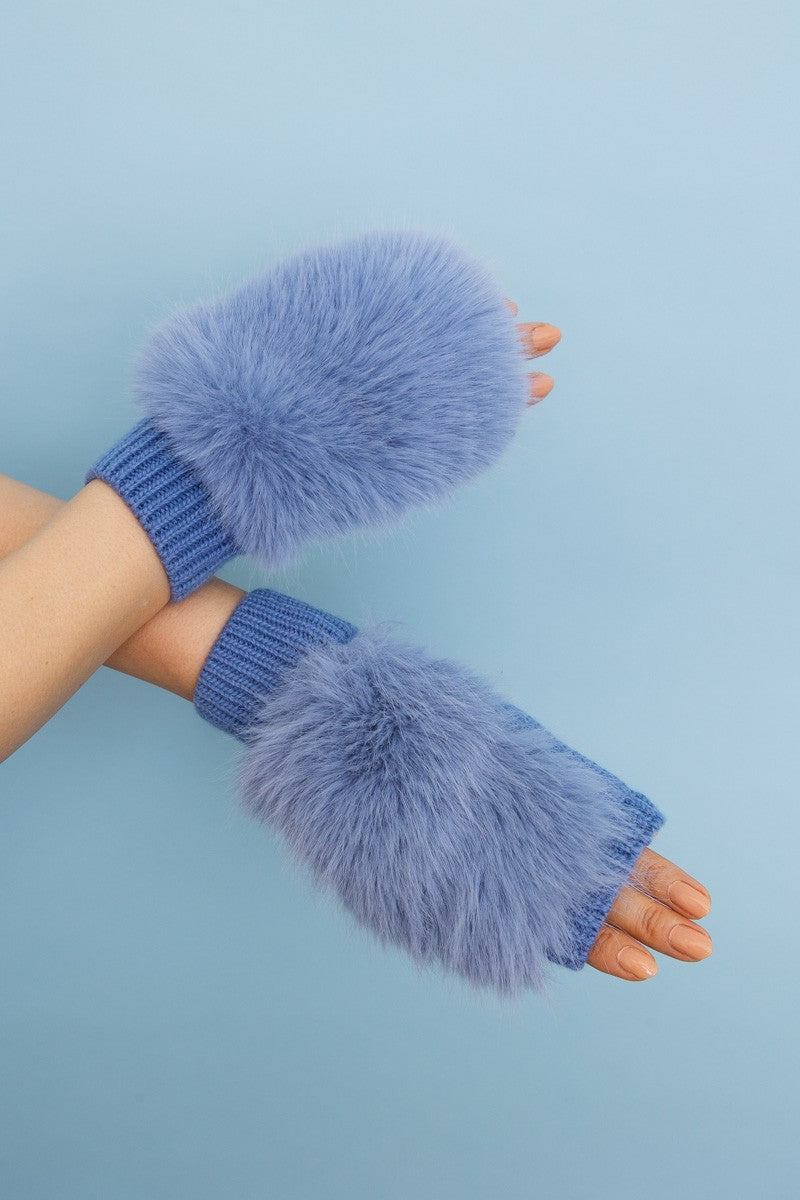 faux fur trim fingerless knit mittens