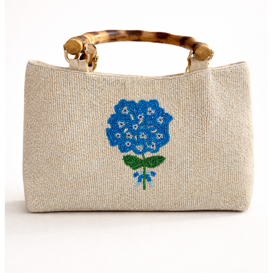Hydrangea Beaded Bag with Bamboo Handle