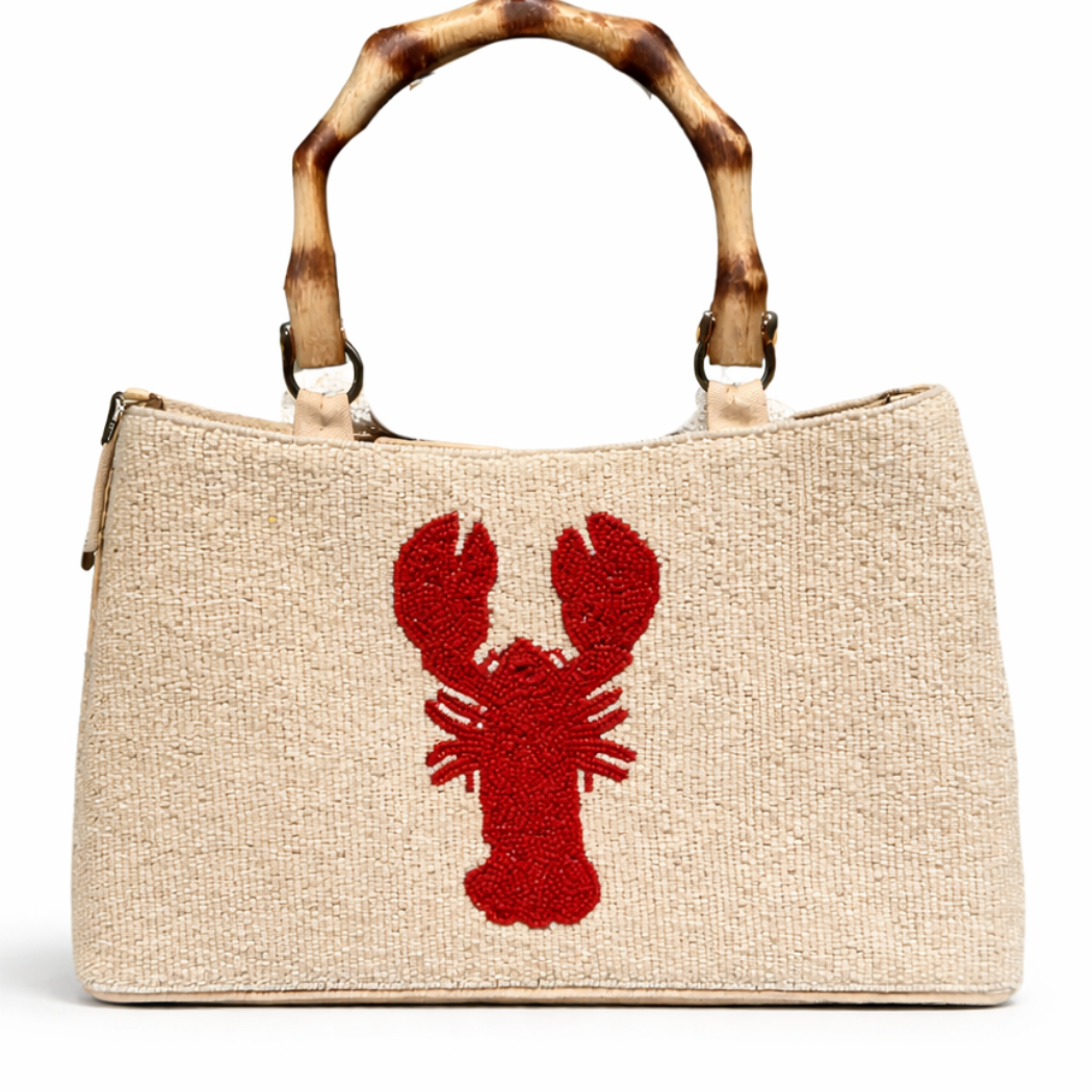 Beaded Lobster Handbag – Cream Bamboo Handle