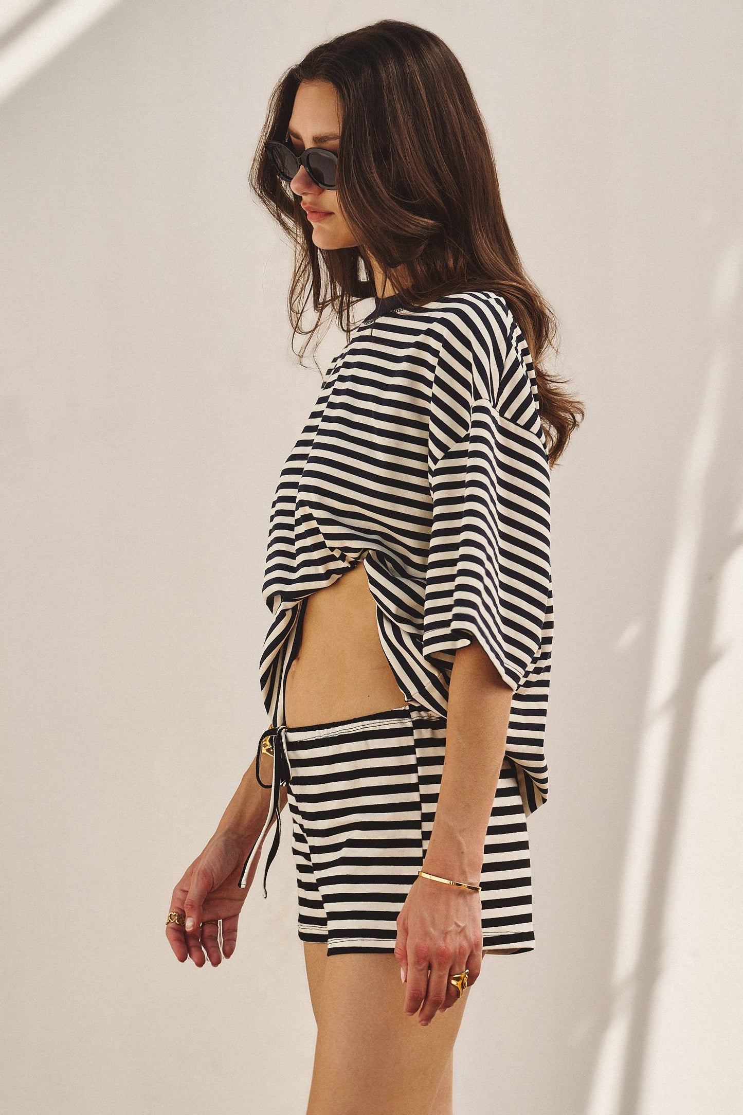 Oversized Striped Contrast Neck Boxy Tee